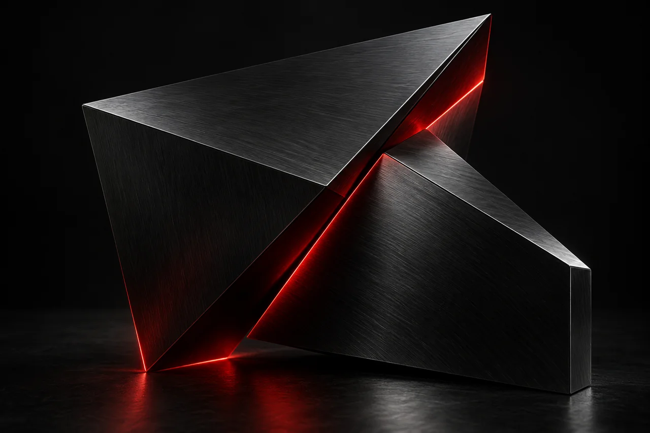 Intersecting titanium forms with red illuminated seams